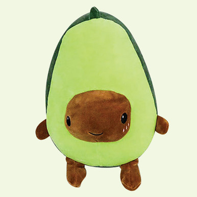 Soft, plush avocado toy in vibrant green with a brown pit and cute facial features, measuring 25cm, complete with small, rounded arms and a dark green top.