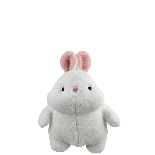 Fluffy white mini bunny soft toy with pink inner ears, round body, and small black eyes, measuring 22cm, perfect for cuddling.