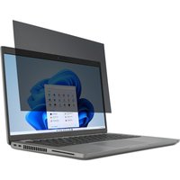 Kensington 2-way removable privacy screen filter on a 17.3" laptop, showing darkened screen for privacy.