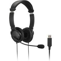 Black Kensington USB-A headset with cushioned ear pads, adjustable headband, and attached microphone.