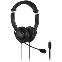 Black Kensington USB-C headset with padded ear cups, adjustable headband, and attached microphone.