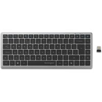 Compact black Kensington KB435 EQ keyboard with silver trim, wireless USB dongle, and multi-device connectivity.