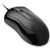 Black Kensington wired mouse with ergonomic design, scroll wheel, and glossy finish.