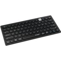 Black Kensington compact keyboard with rounded keys, Bluetooth and USB connectivity, and device-switching button.