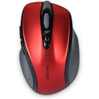 Ruby red Kensington wireless mouse with black scroll wheel and side buttons, ergonomic design.