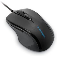 Black Kensington Pro Fit wired mid-size mouse with ergonomic design, scroll wheel, and side buttons.