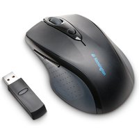 Black Kensington Pro Fit wireless mouse with ergonomic design, scroll wheel, side buttons, and USB receiver.