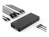 Black Kensington USB docking station featuring multiple ports including USB Type A, USB Type C, and HDMI, with six USB ports and connected cables.