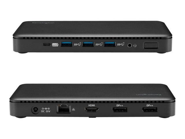 Kensington USB docking station in sleek black, featuring USB Type-C, 5 USB ports, HDMI, and DisplayPort connectors for high-resolution displays.