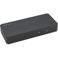 Black Kensington USB-C dock with multiple ports, sleek rectangular design, and Kensington logo on top left.