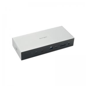 Kensington SD5000T5 EQ Thunderbolt 5 docking station in sleek silver and black, featuring multiple ports, including USB, HDMI, and an SD card slot, designed for triple 4K displays.