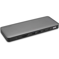 Sleek black and silver Kensington Thunderbolt 4 docking station with multiple ports and 96W power delivery.