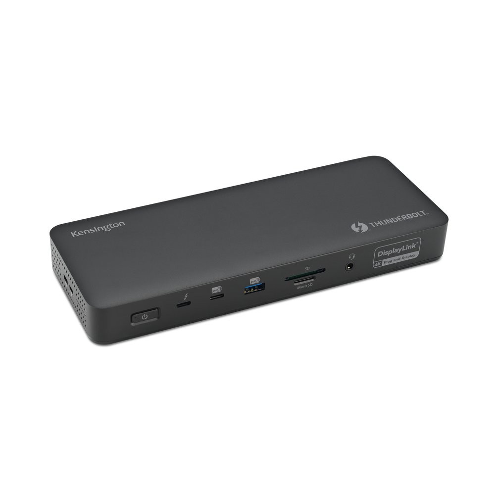 Kensington SD5920T Thunderbolt 4 dock in sleek black, featuring multiple ports, SD and Micro SD card readers, 100W power charging, and Ethernet connectivity.