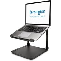 Black Kensington SmartFit Laptop Riser with adjustable height and sturdy base, holding an open laptop.