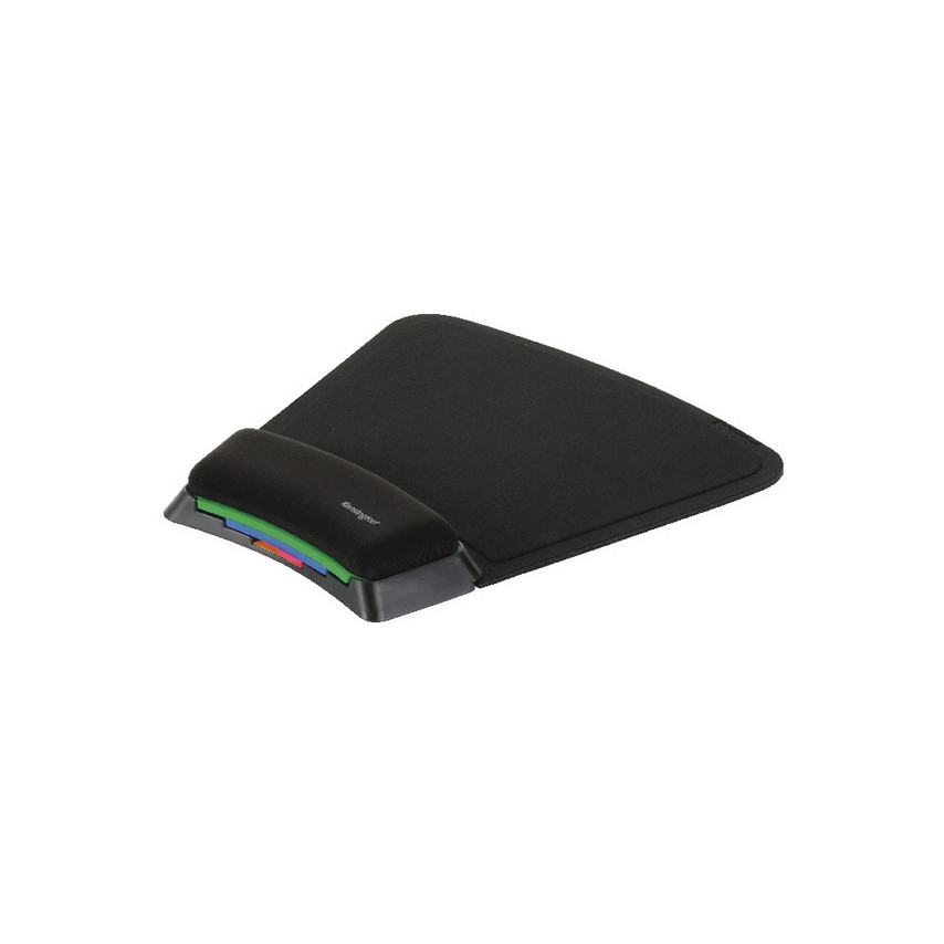 Black mouse pad with a textured surface, featuring a cushioned wrist support and adjustable height options indicated by colored sliders at the front.