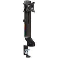 Black Kensington SmartFit monitor arm with adjustable height, VESA mount, and desk clamp for space-saving setup.