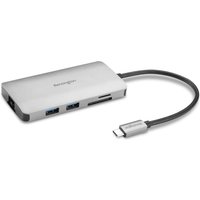 Sleek silver Kensington USB-C 8-in-1 dock with multiple ports, including USB, HDMI, and SD card slots, attached cable.