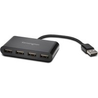 Black Kensington USB 2.0 4-Port Hub with short cable and four USB ports on the front.