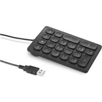 Black Kensington wired numeric keypad with USB connection and 18 rounded keys, including numbers and function keys.