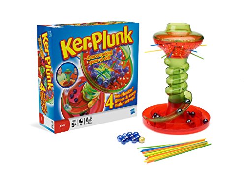 Colorful Kerplunk game featuring a clear green tower, red base, and multicolored marbles, with a blue box displaying the game title and player instructions.