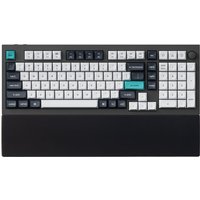 Black Keychron PR55 keyboard palm rest with a sleek rectangular design, paired with a white and gray keyboard.