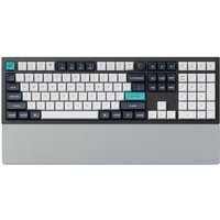 Gray Keychron PR69 keyboard palm rest, sleek design, complements black and white keyboard with teal accent keys.