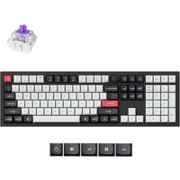 Keychron Q6 HE keyboard, black frame, white and gray keys, red escape key, purple switch, USB, RF, Bluetooth options.
