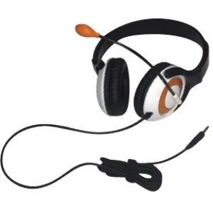 AVID AE-55 headset featuring a black headband, white ear cups with orange accents, a flexible microphone, and a USB-A plug, designed for comfortable use.