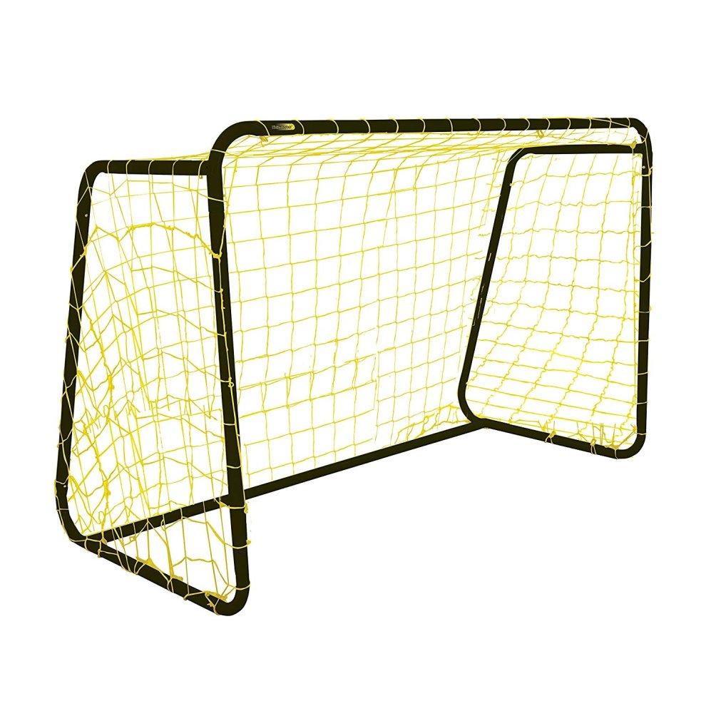 Heavy-duty 8ft football goal with a black metal frame and yellow netting, designed for durability and outdoor use, featuring a classic rectangular shape.