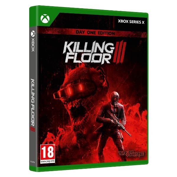 Killing Floor 3 XBOX X - Day One Edition features a vibrant green case, bold red and black artwork, and a menacing character with a weapon, marked with an 18+ rating.