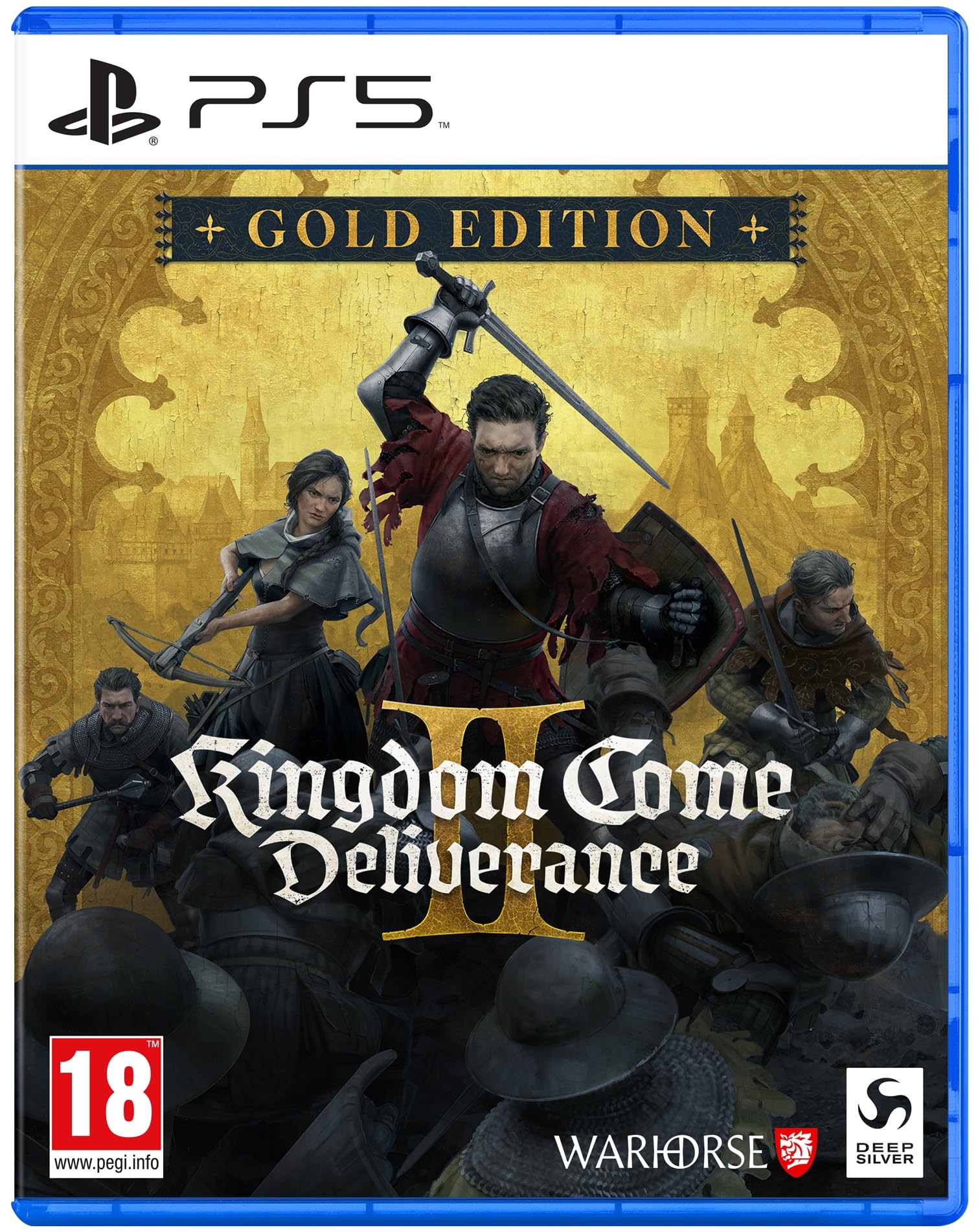 Kingdom Come Deliverance II - Gold Edition for PS5 features a medieval scene with a knight in armor, two characters beside him, and a gold-accented cover with intricate designs.