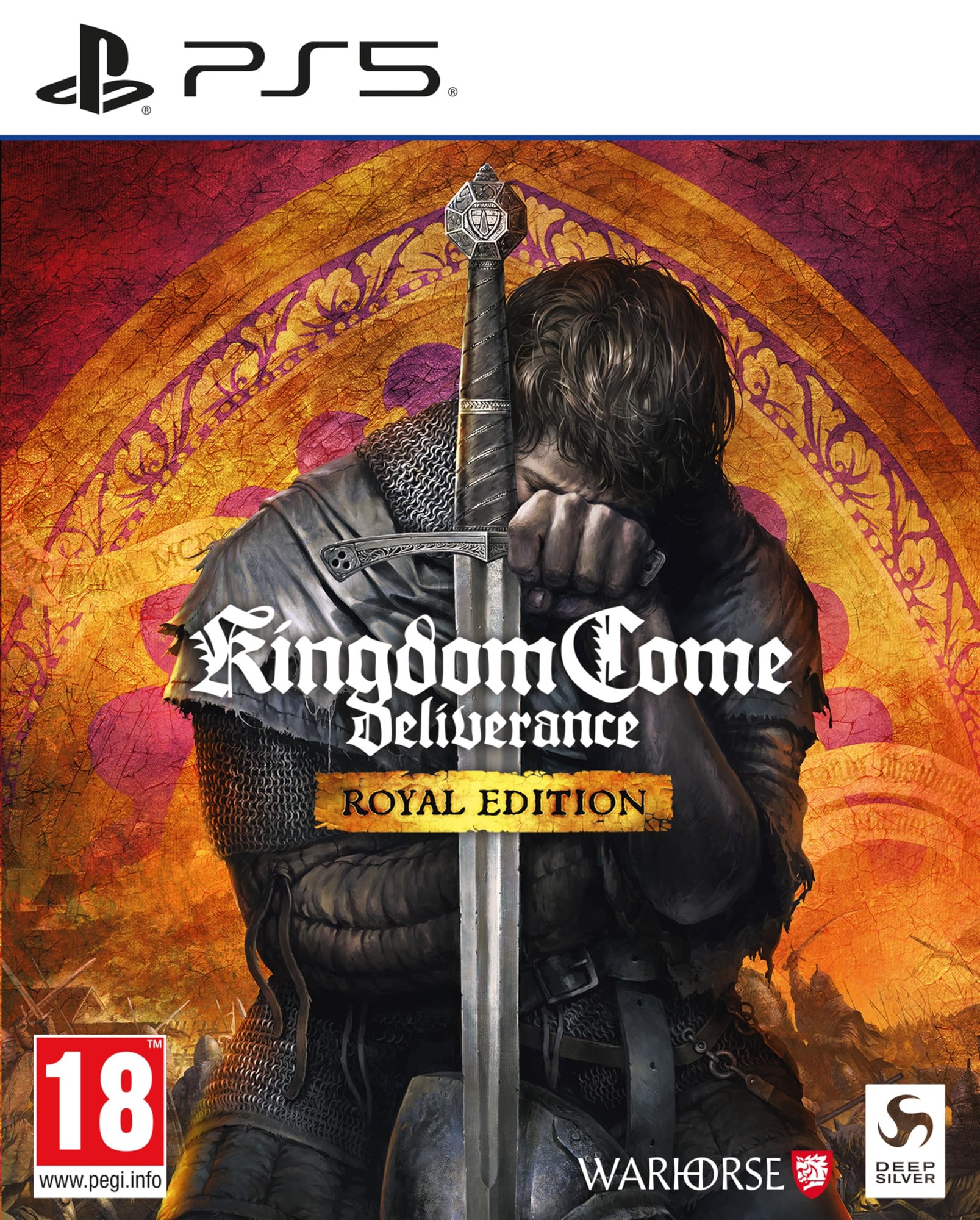 Kingdom Come: Deliverance Royal Edition for PS5 features a medieval warrior with a sword, set against a vibrant orange and gold background, highlighting the game's title and age rating.
