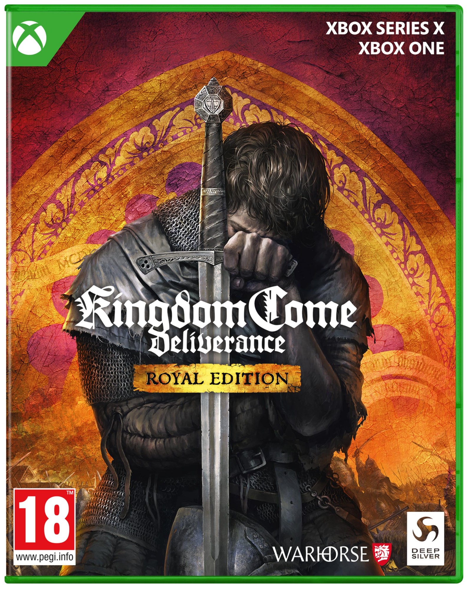 Kingdom Come: Deliverance Royal Edition for Xbox Series X, featuring a medieval warrior with a sword, vibrant red and gold background, and bold title text.