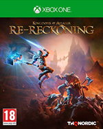 The cover features a warrior wielding a glowing weapon against a dramatic fantasy landscape, with vibrant colors and the title "Kingdoms of Amalur Re-Reckoning" prominently displayed.