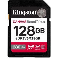 Kingston 128GB Canvas React Plus SDXC card, black with red and white label, UHS-II, 280MB/s read, 100MB/s write.