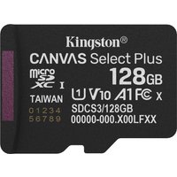 Black Kingston 128GB microSDXC card with white text, Canvas Select Plus branding, and speed class symbols.