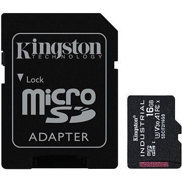 Black Kingston Industrial Grade MicroSDHC card with a Class 10 rating, A1, UHS-I, U3, alongside a matching black adapter, both featuring white text and logos.