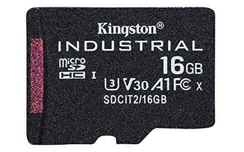 Black Kingston microSD card with "INDUSTRIAL" and "16GB" labels, featuring Class 10, U3, A1, and UHS-I markings, designed for high-performance storage.