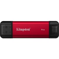 Red Kingston 1TB Dual USB-A/C Portable SSD with black ends, compact design, and Kingston logo in white.