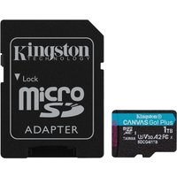 Black Kingston 1TB microSDXC Canvas Go Plus card with blue accents and matching black adapter.