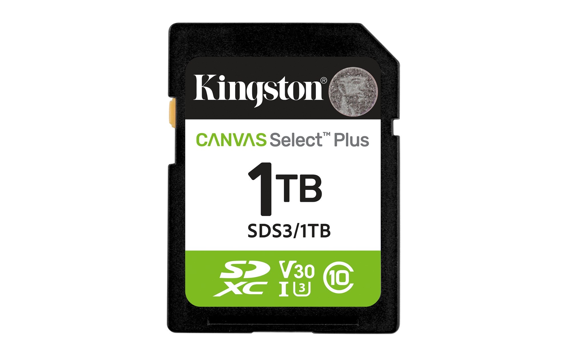 Kingston 1TB Canvas Select Plus SDXC memory card featuring a black plastic body, green and white label, and marked with Class 10, UHS-I U3, V30, and 150MB/s read speed.