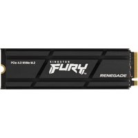 Black Kingston Fury Renegade NVMe SSD with heatsink, PCIe 4.0, sleek design, and white logo on the surface.