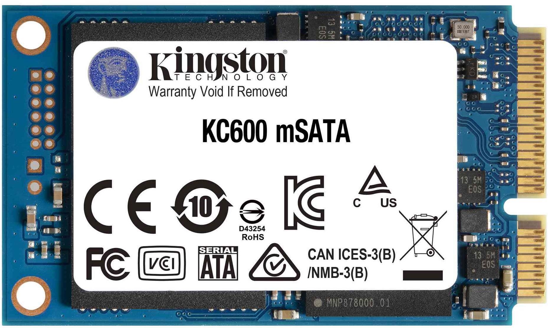 Kingston Technology KC600 mSATA solid state drive in blue and silver, featuring a label with logos, certifications, and a gold connector edge for SATA3 interface.