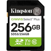 Kingston 256GB SDXC card, black with white and green label, 150MB/s, UHS-I U1 V10, Canvas Select Plus Gen3.