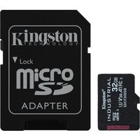Black Kingston 32GB microSDHC card with adapter, industrial-grade, C10 A1 pSLC, white text on both cards.