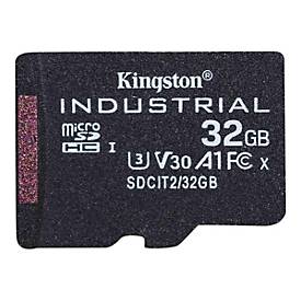 Black Kingston 32 GB Industrial Grade MicroSDHC card with UHS-I, A1, Class 10, and U3 markings, featuring a small, compact design ideal for high-performance storage.