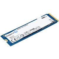 Blue Kingston 500G NV3 M.2 2280 NVMe SSD with white label and gold connector edge.