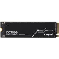 Black Kingston KC3000 M.2 2280 NVMe SSD with white circuit design and gold connector.