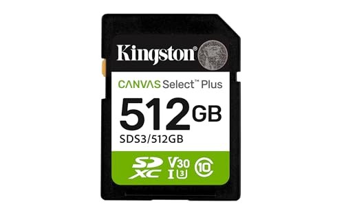Black SDXC memory card with a green label, featuring "Kingston" logo, "512GB" capacity, Class 10, UHS-I U3, V30, and a read speed of 150MB/s.