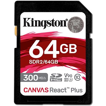 Kingston 64 GB Industrial Grade SDXC SD Card with a black body, red and white graphics, featuring U3, Class 10, UHS-II ratings, and a speed of 300 MB/s.